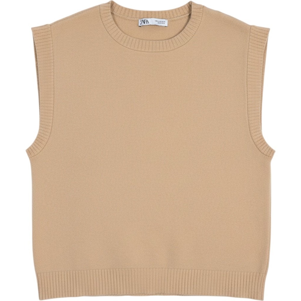 Zara Womens Tan Beige Knit Sweater Vest Crew Neck Sleeveless Size S Small